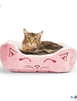 EveryYay Snooze Fest Pink Cat Face-Embroidered Rectangle Lounger Cat Bed, 18″ L X 15″ W X 6″ H